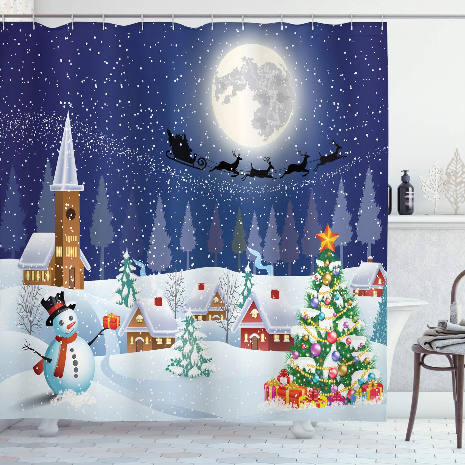 Ambesonne Christmas Decorations Collection, Christmas Eve in Small Town with Snowman on Starry Night Winter Wonderland Scene, Polyester Fabric Bathroom Shower Curtain Set with Hooks, Blue White