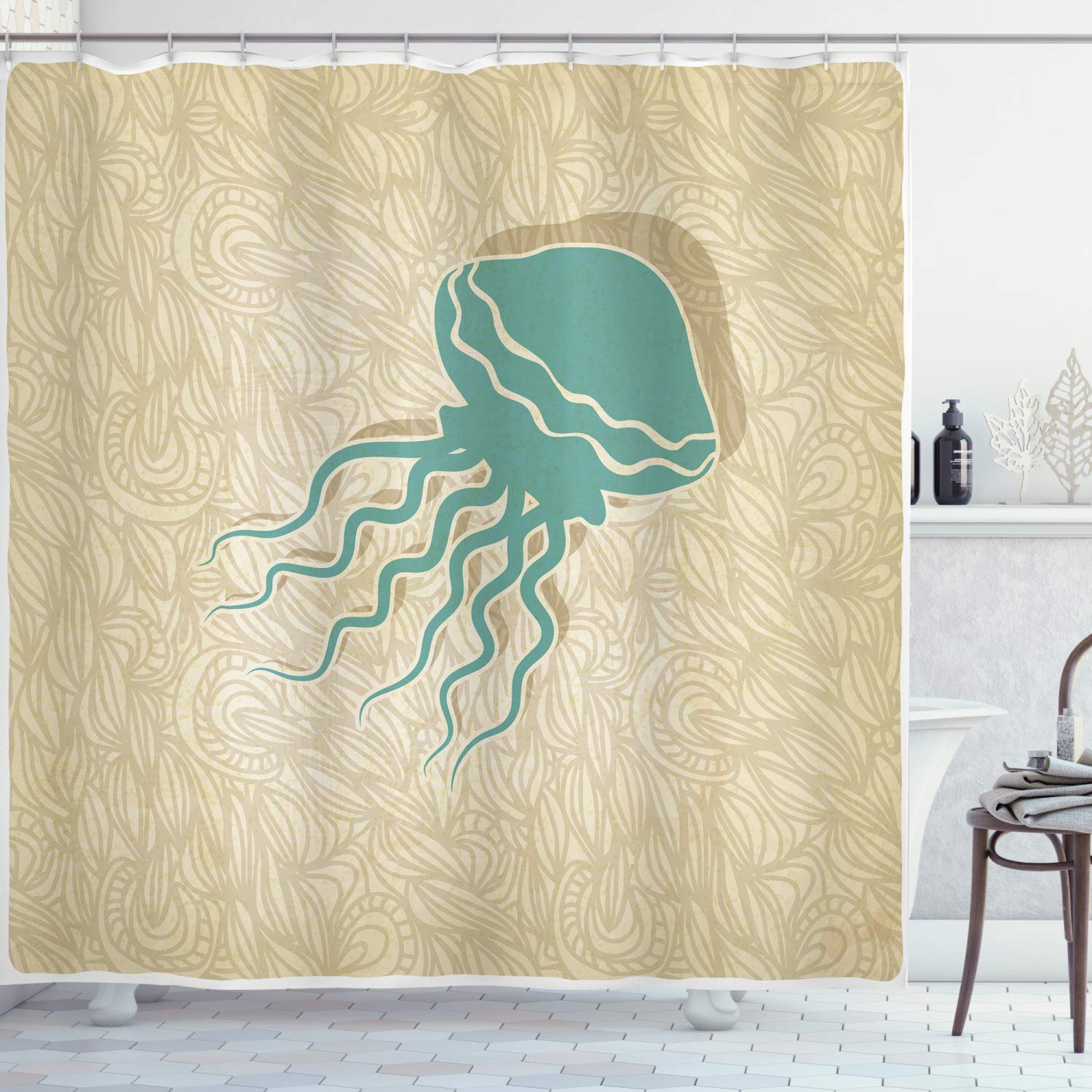 Ambesonne Jellyfish Nautical Decor Collection, Beach Summer and Ocean Tropical Abstract Pattern, Polyester Fabric Bathroom Shower Curtain Set with Hooks, 75 Inches Long, Tan Teal Wheat