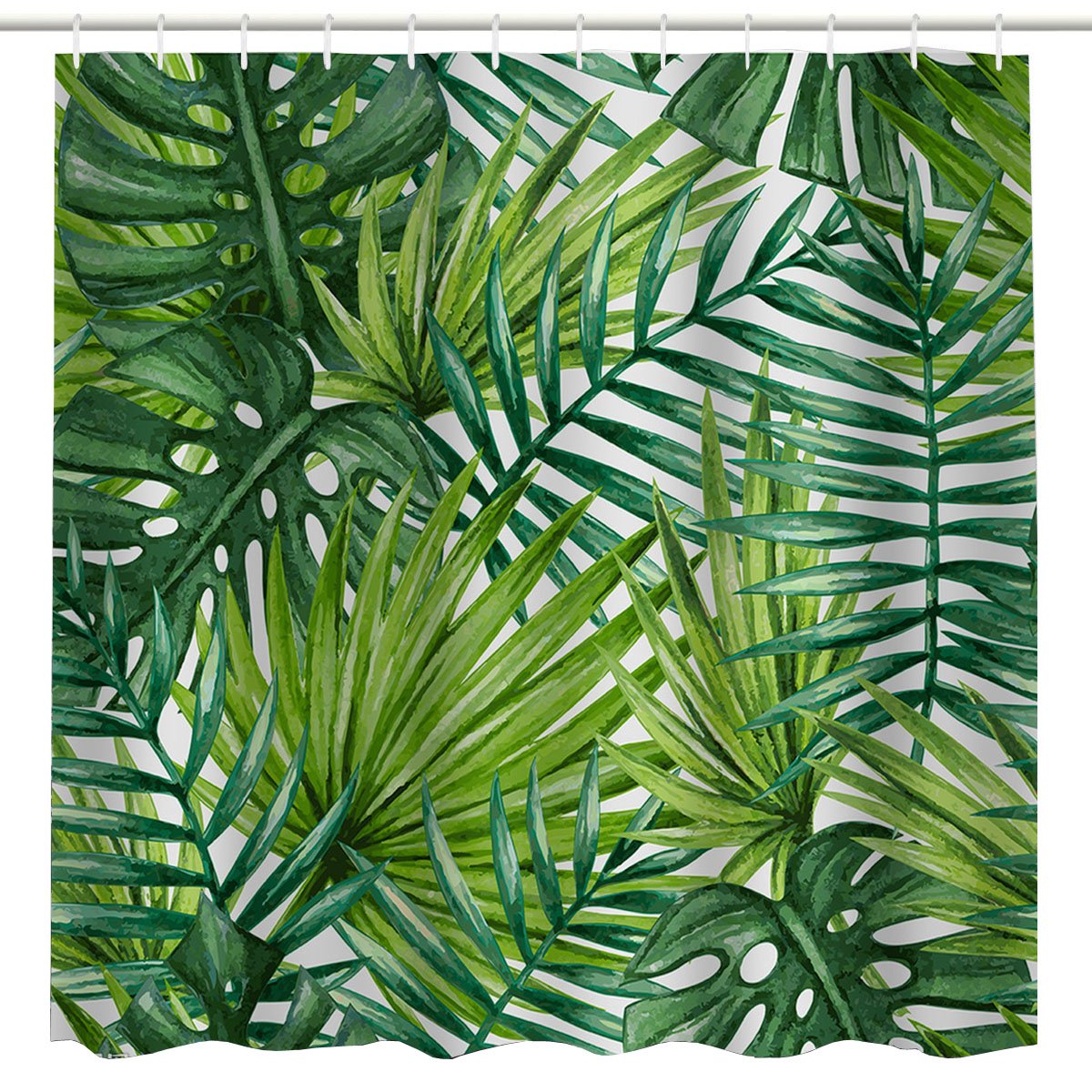 BROSHAN Leaf Print Shower Curtain Fabric Tropical Palm Leaves Pattern Hawaiian Plant Bathroom Decoration Green Natural Waterproof Fabric Bathroom Accessory with Hooks,