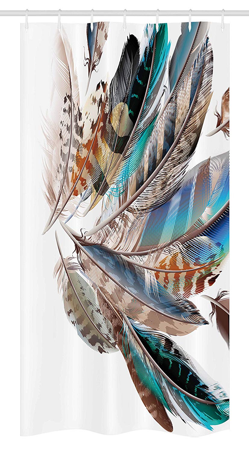 Ambesonne Feathers Stall Shower Curtain, Vaned Types and Natal Contour Flight Bird Feathers and Animal Skin Element Print, Fabric Bathroom Decor Set with Hooks, 36" X 72", Teal Brown