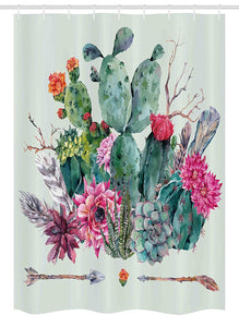 Ambesonne Cactus Stall Shower Curtain, Spring Garden with Boho Style Bouquet of Thorny Plants Blossoms Arrows Feathers, Fabric Bathroom Decor Set with Hooks, 54" X 78", White Pearl