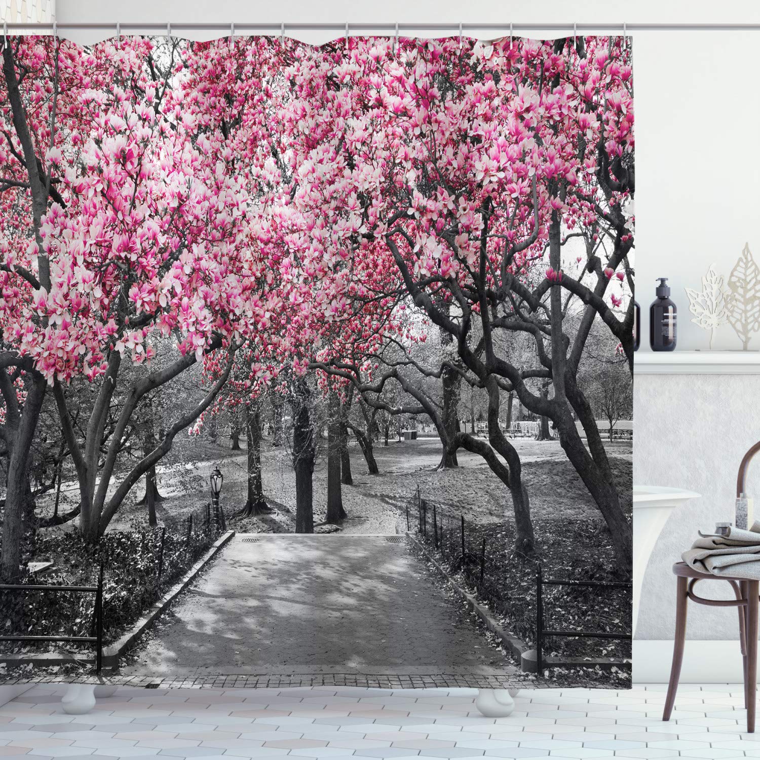 Ambesonne NYC Decor Collection, Blossoms In Central Park Cherry Bloom Trees Forest Spring Springtime Landscape Picture, Polyester Fabric Bathroom Shower Curtain Set with Hooks, Pink Gray