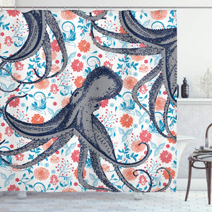Ambesonne Nautical Decorations Collection, Sealife Sea Monster Octopus Kraken with Tentacles and Colorful Flowers, Polyester Fabric Bathroom Shower Curtain Set with Hooks, Blue White