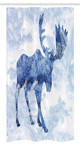 Ambesonne Moose Stall Shower Curtain, Blue Pattern Pine Needles Spruce Tree with Antlers Deer Family Snow Winter Horns, Fabric Bathroom Decor Set with Hooks, 36" X 72", Blue White