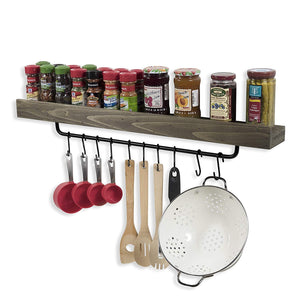 Industrial Design Wall Mount 30 Inch Spice Rack with Towel Holder and Hooks by Rustic State Reclaimed Wood Walnut