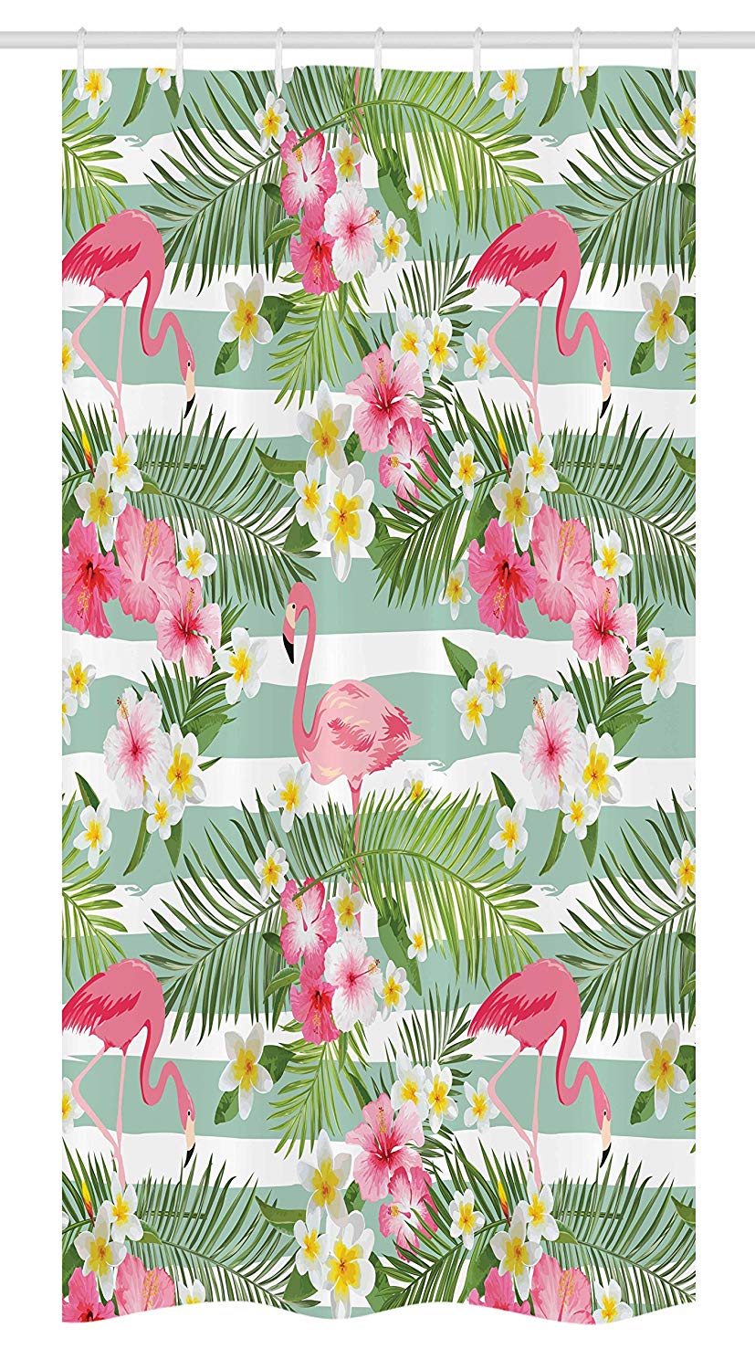 Ambesonne Flamingo Stall Shower Curtain, Flamingos with Exotic Hawaiian Leaves Flowers on Striped Vintage Background, Fabric Bathroom Decor Set with Hooks, 36" X 72", Green Pink