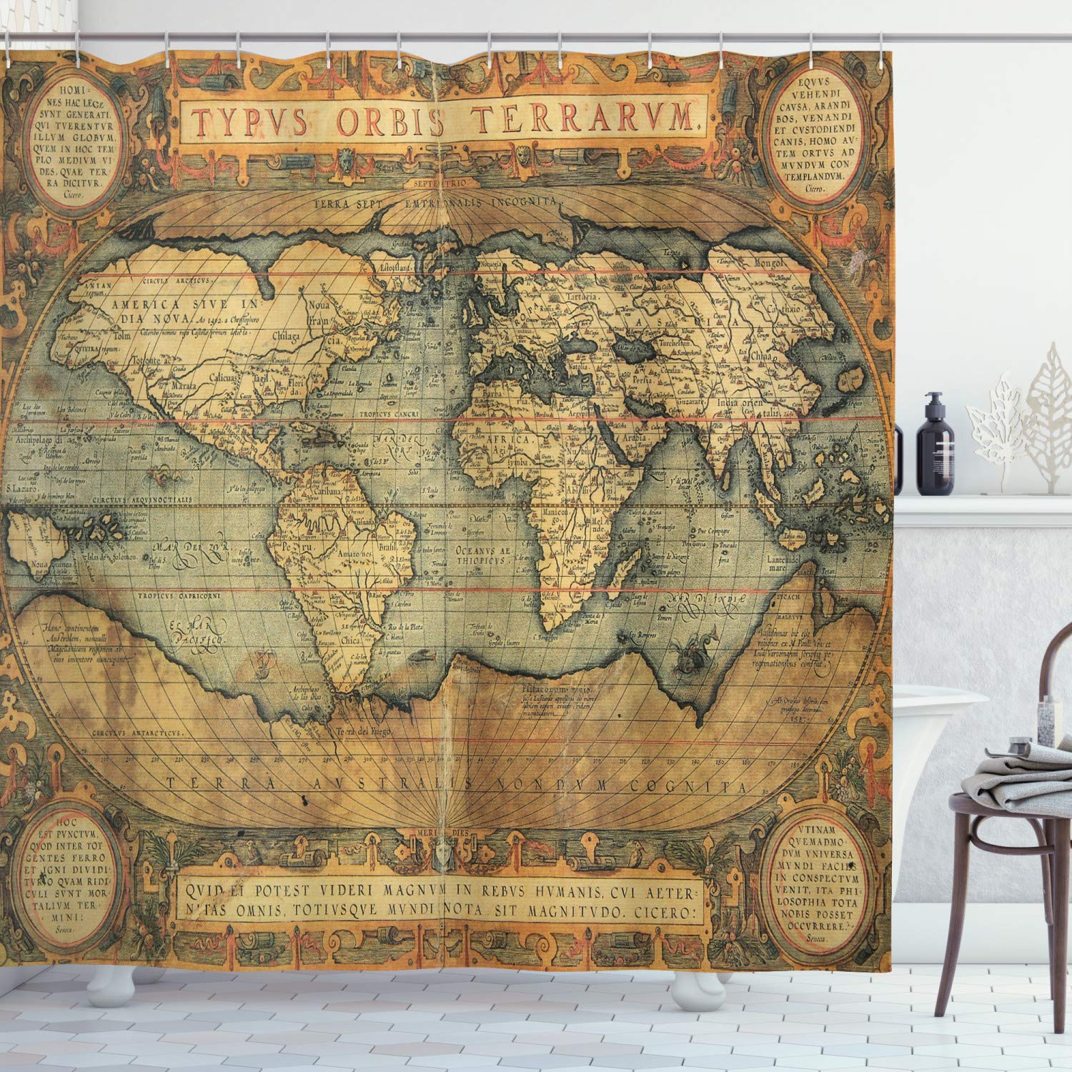 Ambesonne World Map Shower Curtain, Old Chart Vintage Composition of 16th Century Atlas Print, Cloth Fabric Bathroom Decor Set with Hooks, 75" Long, Sand Blue