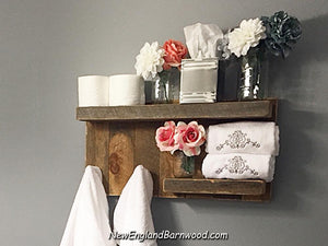 rustic bathroom shelf with towel  hooks