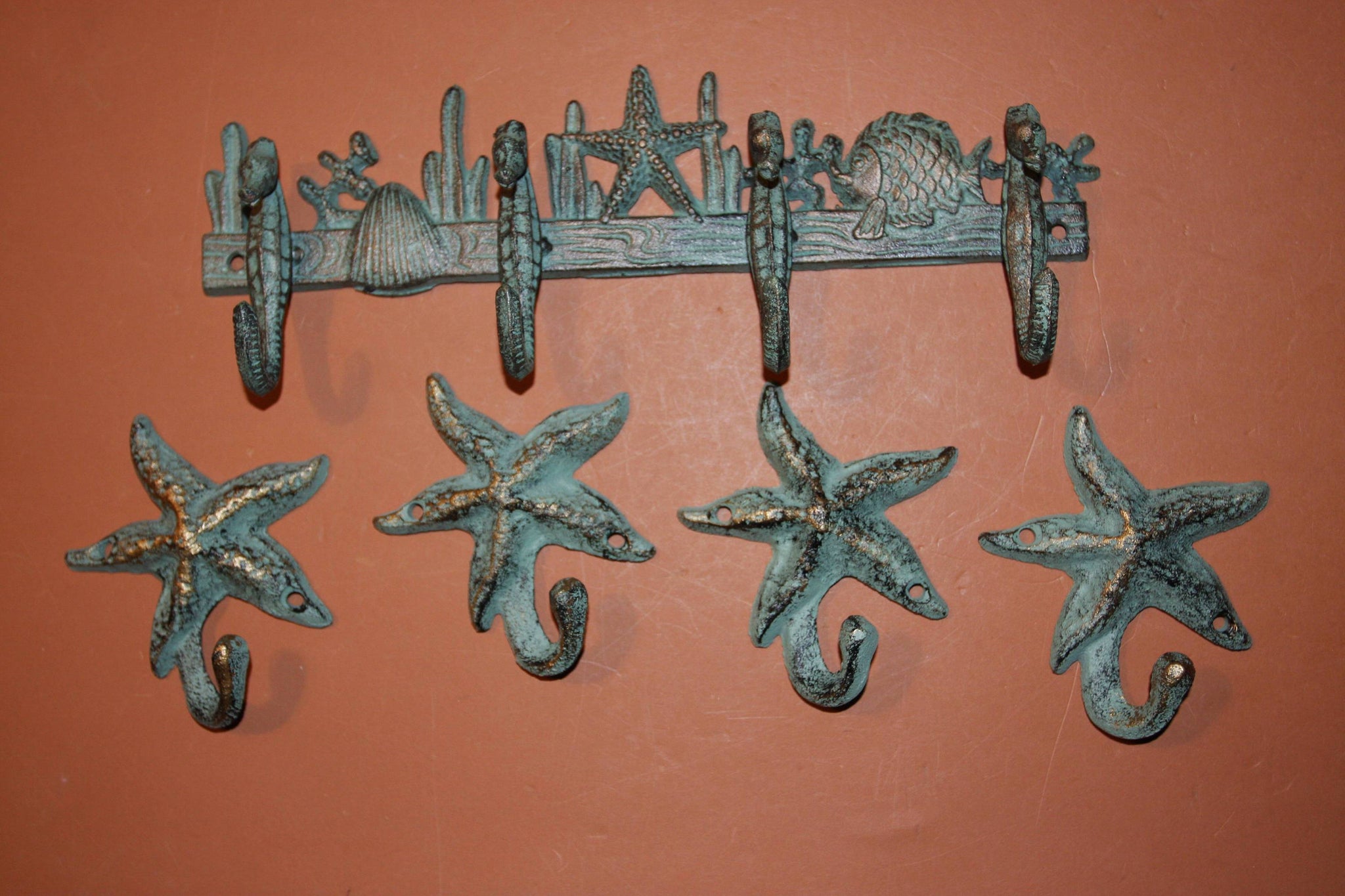 5), Seahorse Towel Hook Set of 5, Free Shipping, Cast Iron Bronze-look Seahorse Starfish Bath Towel Hook Set, Beach,  H-32,N-24