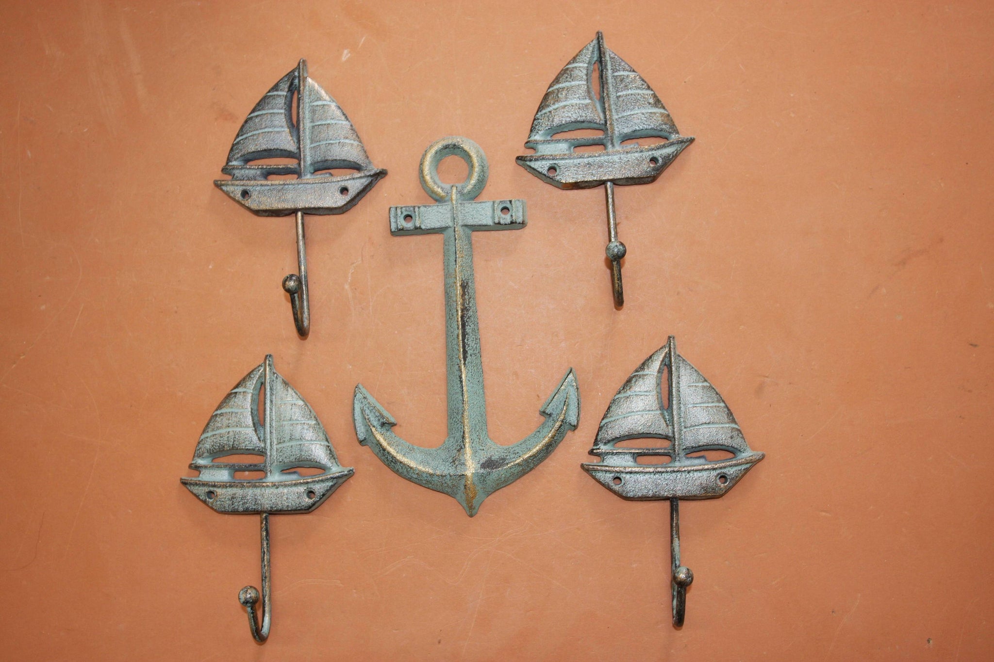 5) Sailboat Design Boys Bathroom Decor, Bronze-look Sailboat Towel Hooks & Anchor Plaque, Cast Iron, Smooth Sailing, Free Ship