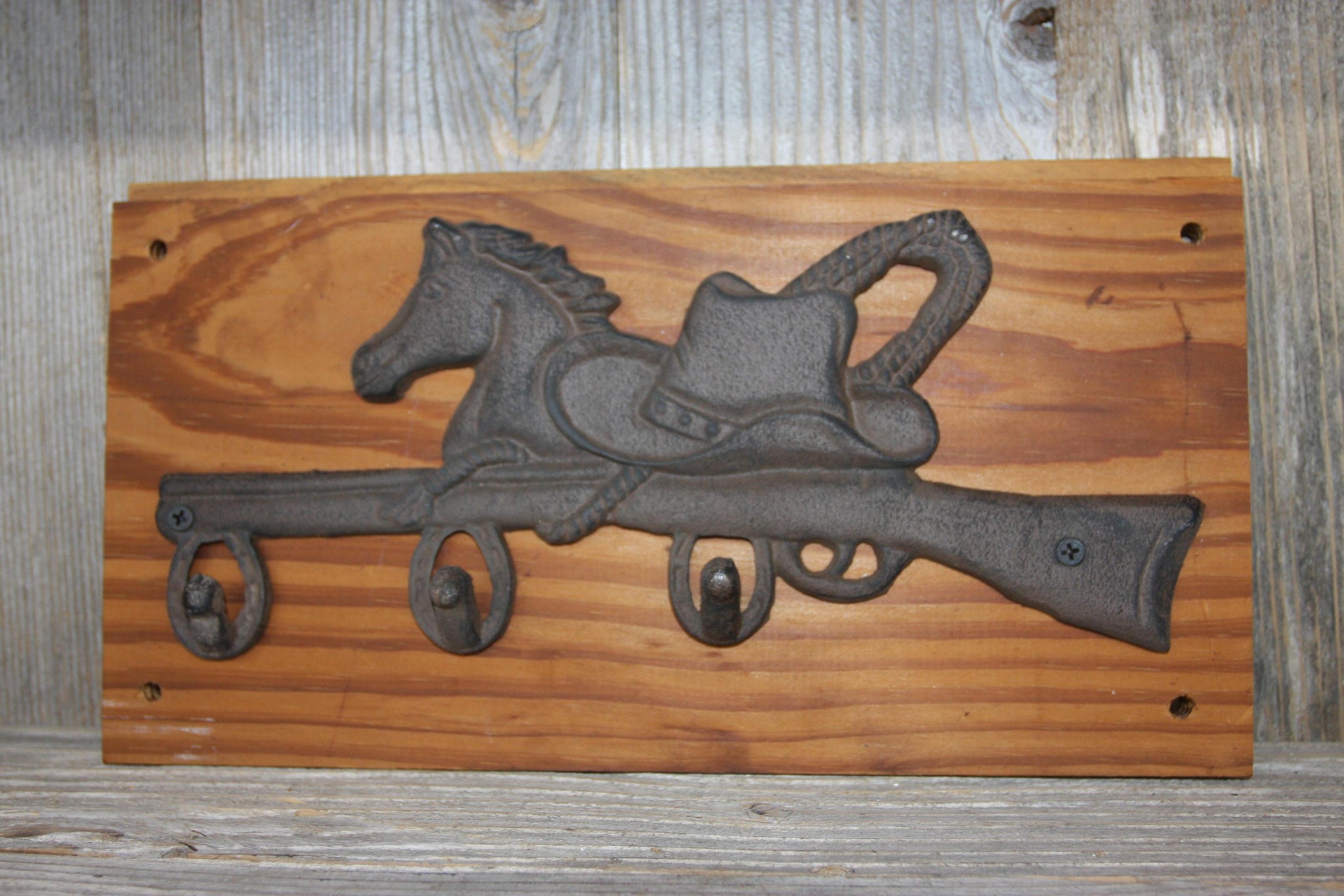 Rustic Cowboy Bath Towel Hook Rack Wall Mounted, Handmade in USA, Cast Iron, Reclaimed 100 Year Old Wood, The Country Hookers, CH-10