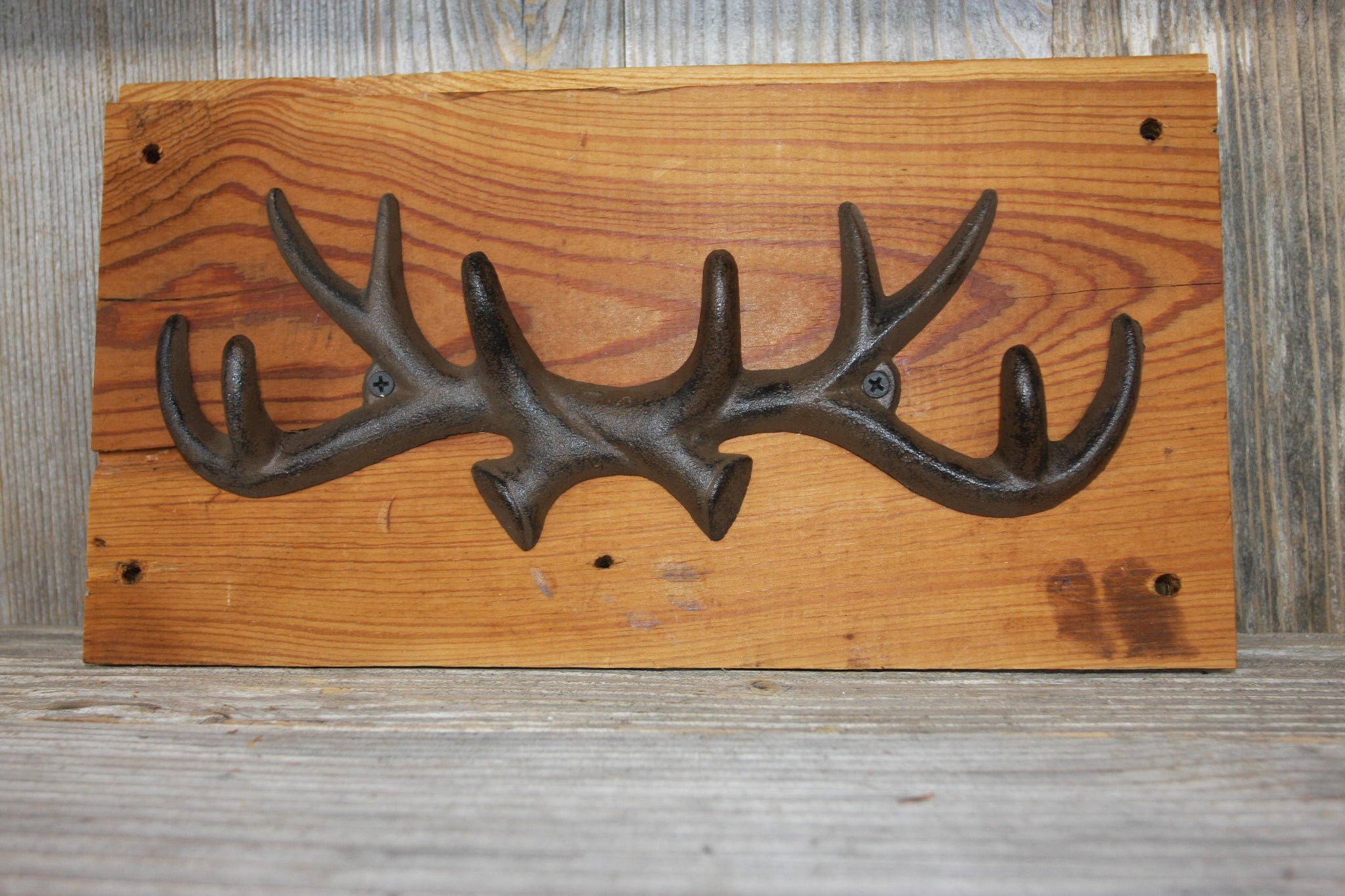 Deer Hunter Antler Bath Towel Hook Rack, Handmade in USA, Cast Iron, Reclaimed 100 Year Old Wood, The Country Hookers, CH-14