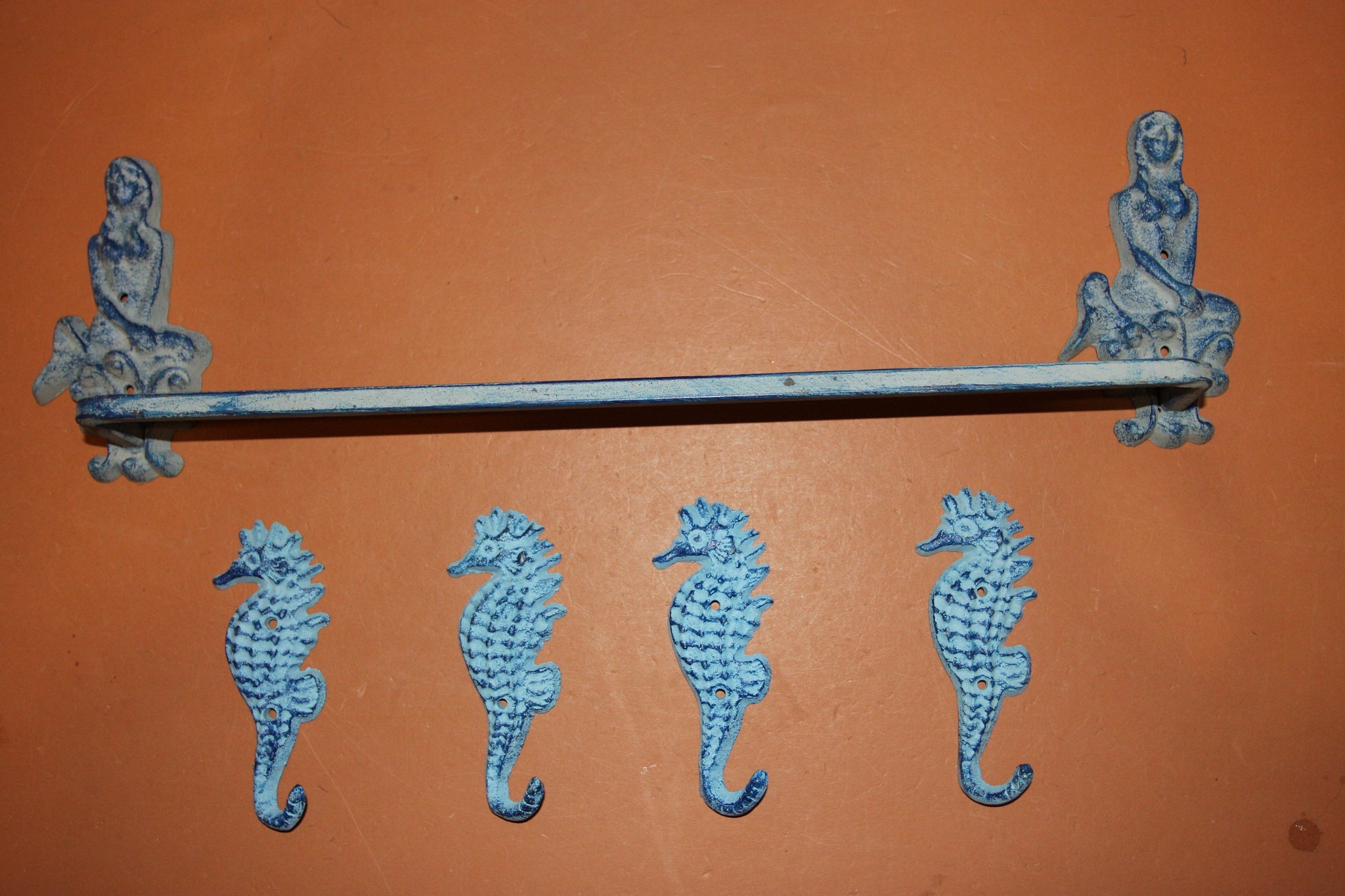 5) Aqua Color Vintage Look Mermaid Bath Accesory Set, Mermaid Towel Bar Seahorse Towel Hooks Solid Cast Iron