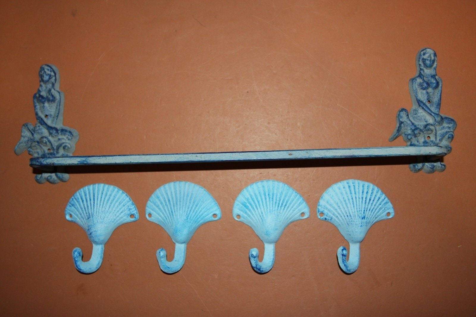 5) Vintage Look Mermaid Bath Decor, Mermaid Towel Bar Seahsell Towel Hooks Aqua Color Cast Iron Set of 5 pieces