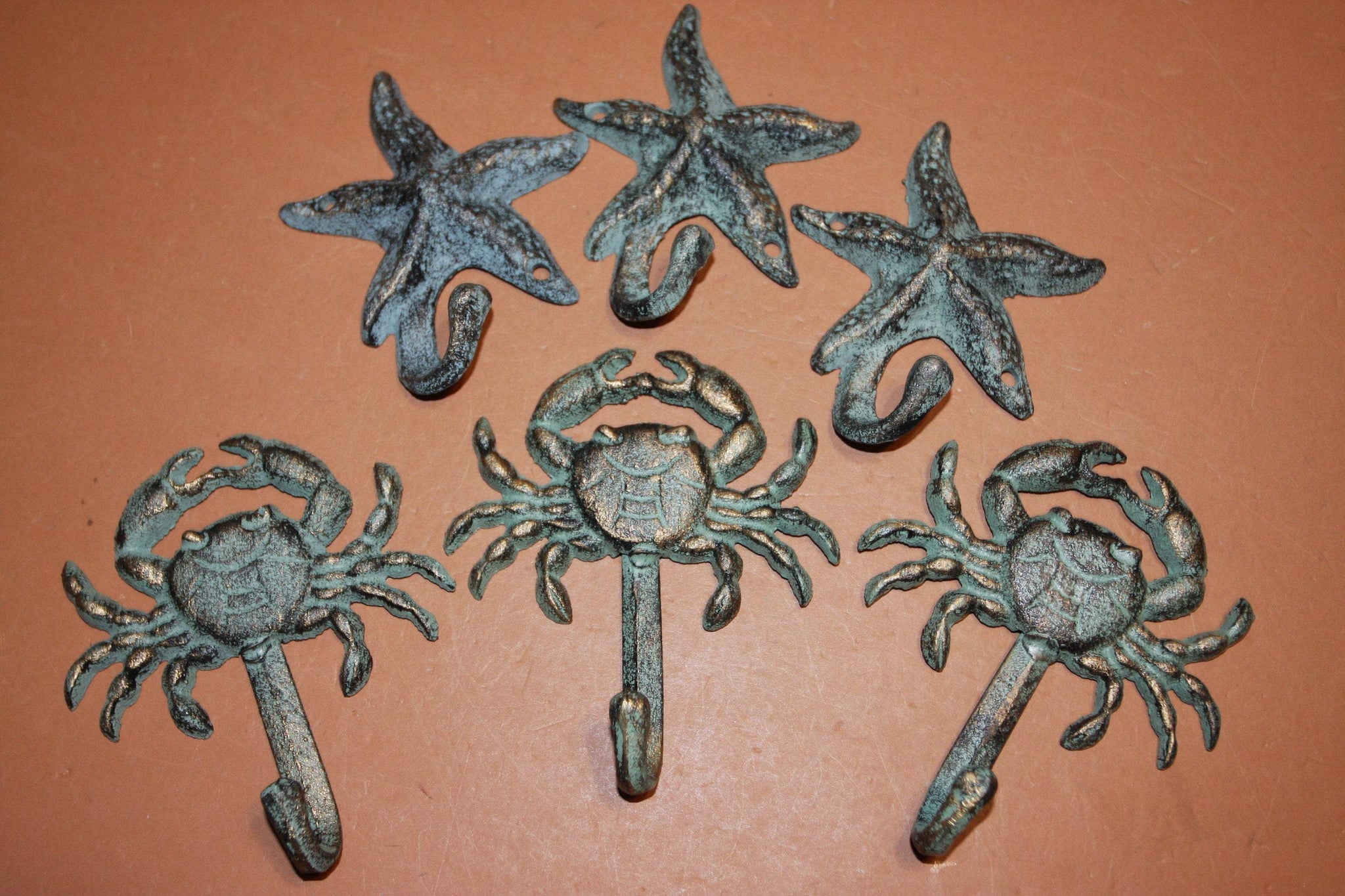 6) Antiqued Look Sea Life Coastal Wall Hooks, Starfish Crab Coat Hat Towel Hooks, Bronze Look Cast Iron,