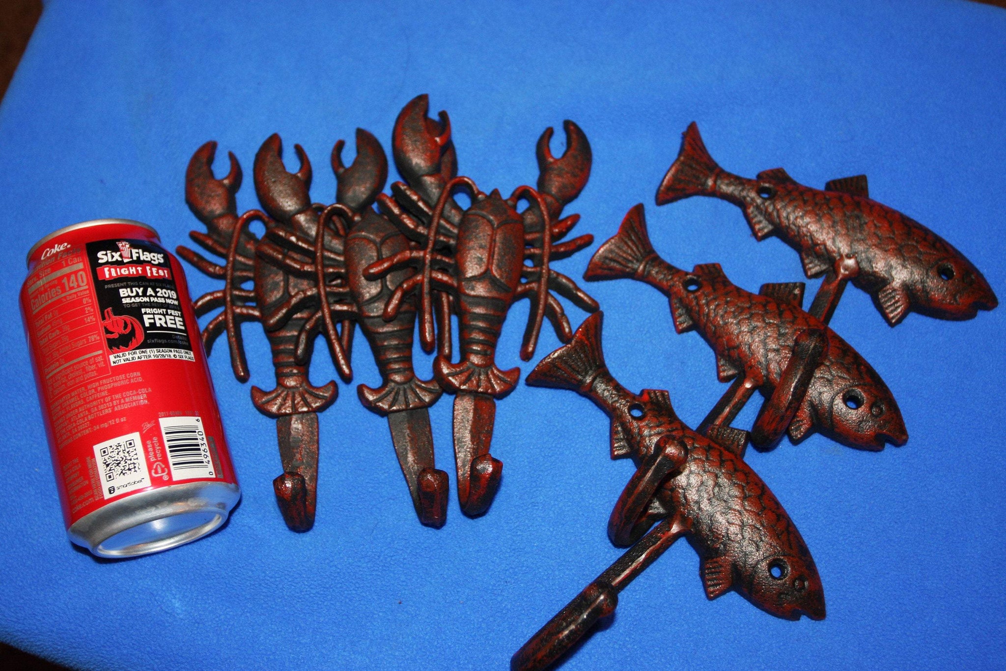 6) Cajun Kitchen Crawfish Towel Hooks Red Bronze Look Cast Iron, Redneck Lobster Mudbugs Redfish Towel Hooks