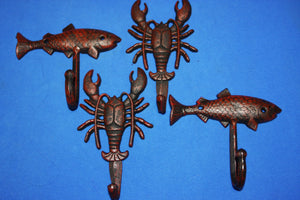 4) Crawfish Towel Hooks Red Bronze Look Cast Iron Fish Wall Hooks