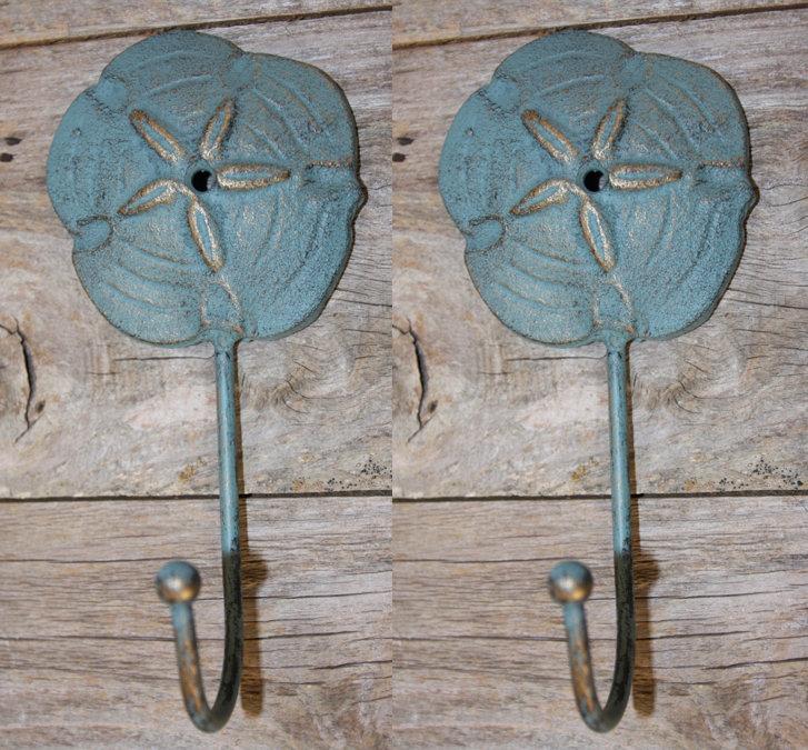 Sand Dollar Towel Hooks Antiqued Look Cast Iron 6 3/4 inch tall each, H-88