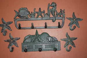 6) Beach House Bathroom Decor, Bronze Look Cast Iron Starfish Towel Robe Purse Wall Hooks, Set of 6, Sea Breeze