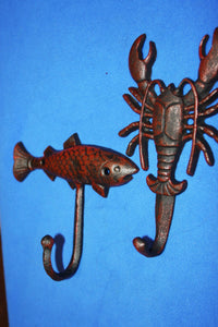 2) Crawfish Towel Hooks Red Bronze Look Cast Iron Fish Wall Hooks
