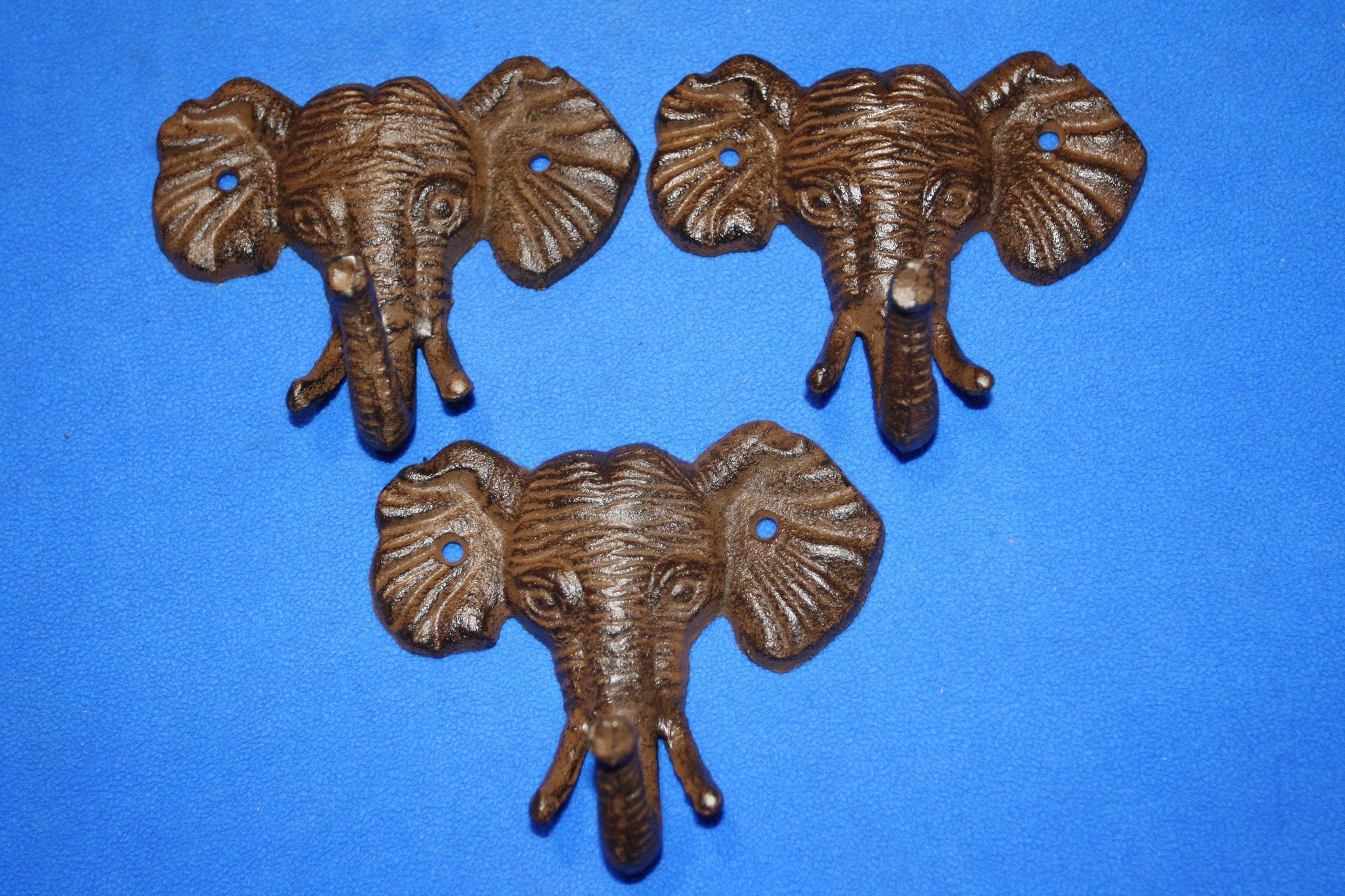 3) Elephant Bath Towel Hooks Cast Iron,  5 inch Jungle Africa Savanna Sahara theme bath decor, Set of 3,  H-40